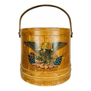 Antique Wood Farmhouse Patriotic Firkin Sugar Bucket Swing Handle 3 Bands 14"